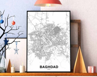 BAGHDAD Iraq map poster black white Hometown City Print Modern Home Decor Office Decoration Wall Art Dorm Bedroom Gift