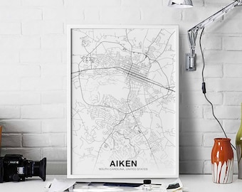 AIKEN South Carolina SC USA map poster black white Hometown City Print Modern Home Decor Office Decoration Wall Art Dorm Bedroom Gift