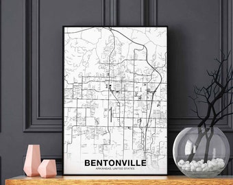 BENTONVILLE Arkansas AR usa map poster black white Hometown City Print Modern Home Decor Office Decoration Wall Art Dorm Bedroom Gift