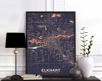 ELKHART Indiana IN USA poster color Hometown City Print Modern Home Decor Office Decoration Wall Art Dorm Bedroom Gift