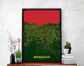 MANAGUA Nicaragua map poster color Hometown City Print Modern Home Decor Office Decoration Wall Art Dorm Bedroom Gift