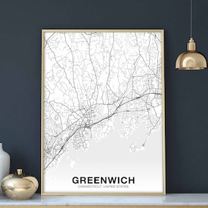 GREENWICH Connecticut CT usa carte affiche noir blanc ville natale ville impression moderne décor à la maison bureau décoration mur art dortoir chambre cadeau