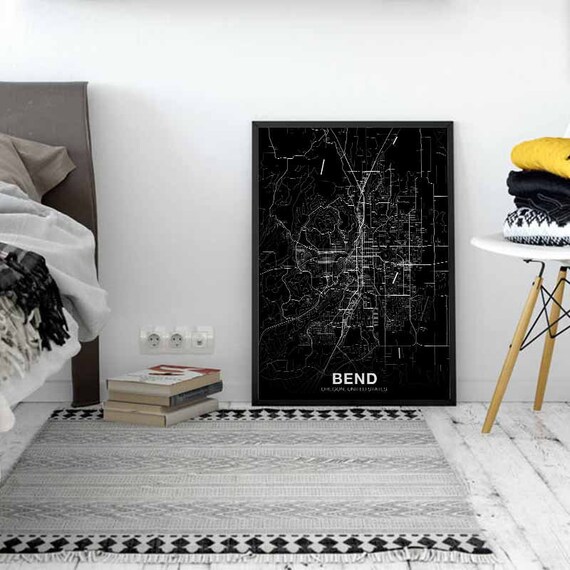 Bend Oregon Or Us Map Poster Black White Wall Decor Design Modern Scandinavian Minimal Nordic Housewarming Travel Bedroom