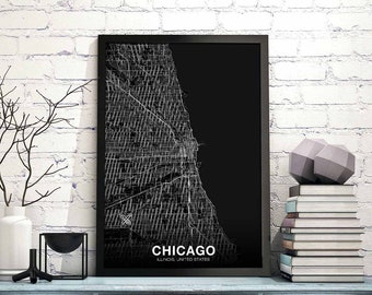 CHICAGO Illinois IL usa map poster black white Hometown City Print Modern Home Decor Office Decoration Wall Art Dorm Bedroom Gift