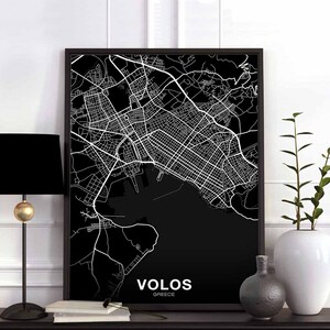 VOLOS Griechenland Karte Poster schwarz weiß Hometown City Print Modernes Wohndekor Büro Dekoration Wand Kunst Wohnheim Schlafzimmer Geschenk