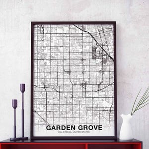 GARDEN GROVE California CA usa kaart poster zwart wit woonplaats stad print modern interieur kantoor decoratie muur kunst slaapzaal slaapkamer cadeau