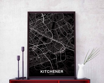 KITCHENER Canada map poster black white Hometown City Print Modern Home Decor Office Decoration Wall Art Dorm Bedroom Gift