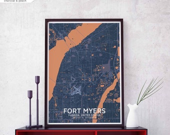 FORT MYERS Florida usa map poster black white Hometown City Print Modern Home Decor Office Decoration Wall Art Dorm Bedroom Gift
