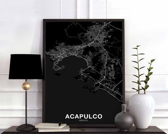ACAPULCO Mexico map poster black white Hometown City Print Modern Home Decor Office Decoration Wall Art Dorm Bedroom Gift