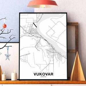 VUKOVAR Croatie carte affiche noir blanc ville natale ville impression moderne décor à la maison bureau décoration mur art dortoir chambre cadeau