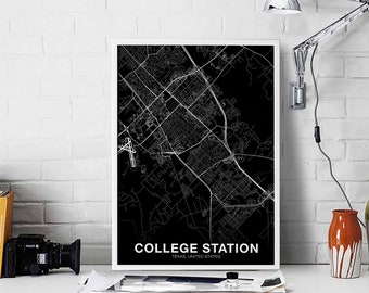 COLLEGE STATION Texas TX usa map poster black white Hometown City Print Modern Home Decor Office Decoration Wall Art Dorm Bedroom Gift