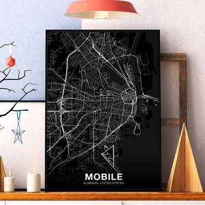 MOBIEL Alabama AL USA kaart poster zwart wit Woonplaats Stad Print Modern Home Decor Kantoor Decoratie Wall Art Slaapzaal slaapkamer cadeau