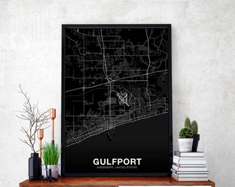 GULFPORT Mississippi MS USA map poster black white Hometown City Print Modern Home Decor Office Decoration Wall Art Dorm Bedroom Gift