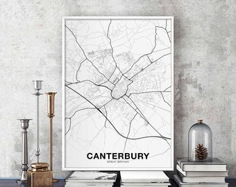 CANTERBURY Great Britain UK map poster black white Hometown City Print Modern Home Decor Office Decoration Wall Art Dorm Bedroom Gift