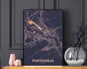 PORTOVIEJO Ecuador map poster color Hometown City Print Modern Home Decor Office Decoration Wall Art Dorm Bedroom Gift