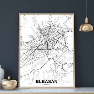Affiche de carte d'elbassa, albanie, noir blanc, ville natale, ville, impression moderne, décoration de maison, décoration de bureau, art mural, dortoir, chambre, cadeau