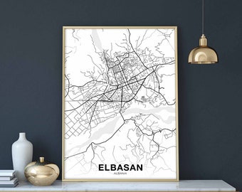 ELBASAN Albania map poster black white Hometown City Print Modern Home Decor Office Decoration Wall Art Dorm Bedroom Gift