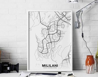 MILILANI Hawaii HI US map poster black white Hometown City Print Modern Home Decor Office Decoration Wall Art Dorm Bedroom Gift