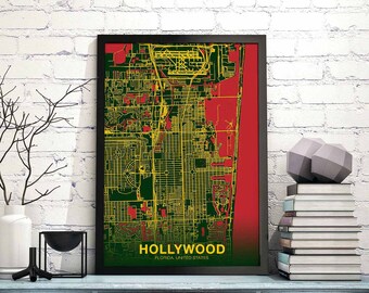 HOLLYWOOD Florida FL US map poster color Hometown City Print Modern Home Decor Office Decoration Wall Art Dorm Bedroom Gift