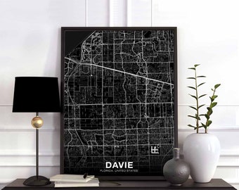 DAVIE Florida FL USA map poster black white Hometown City Print Modern Home Decor Office Decoration Wall Art Dorm Bedroom Gift