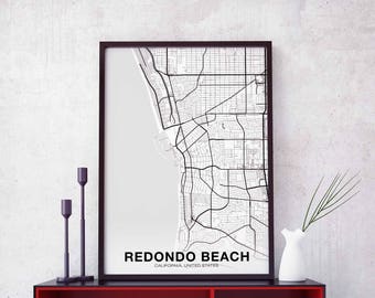 REDONDO BEACH California CA usa map poster black white Hometown City Print Modern Home Decor Office Decoration Wall Art Dorm Bedroom Gift