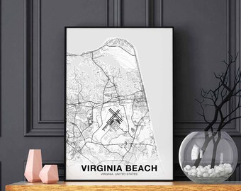 VIRGINIA BEACH Virginia VA usa map poster black white Hometown City Print Modern Home Decor Office Decoration Wall Art Dorm Bedroom Gift
