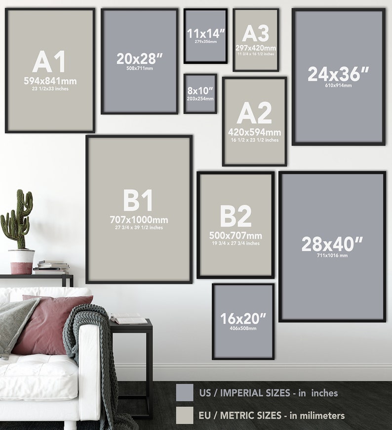 Puede incluir: Un gr&aacute;fico que muestra diferentes tama&ntilde;os de papel est&aacute;ndar en pulgadas y mil&iacute;metros. El gr&aacute;fico incluye tama&ntilde;os como 8x10, 11x14, 16x20, 20x28, 24x36, 28x40, A1, A2, A3, B1 y B2.
