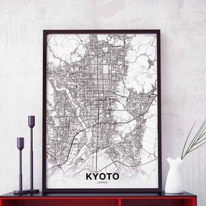 KYOTO japon carte affiche noir blanc ville natale ville impression moderne décor à la maison bureau décoration mur art dortoir chambre cadeau