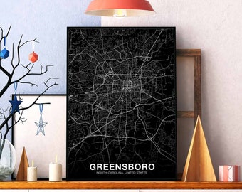 GREENSBORO North Carolina NC USA map poster black white Hometown City Print Modern Home Decor Office Decoration Wall Art Dorm Bedroom Gift