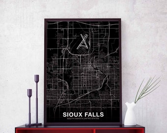 SIOUX FALLS South Dakota SD usa map poster black white Hometown City Print Modern Home Decor Office Decoration Wall Art Dorm Bedroom Gift