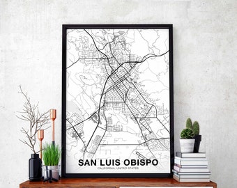 SAN LUIS OBISPO California ca usa map poster black white Hometown City Print Modern Home Decor Office Decoration Wall Art Dorm Bedroom Gift