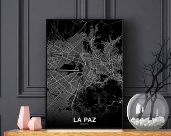 LA PAZ Bolivia map poster black white Hometown City Print Modern Home Decor Office Decoration Wall Art Dorm Bedroom Gift