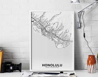 HONOLULU Hawaii HI USA map poster black white Hometown City Print Modern Home Decor Office Decoration Wall Art Dorm Bedroom Gift