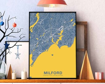 MILFORD Connecticut CT US map poster color Hometown City Print Modern Home Decor Office Decoration Wall Art Dorm Bedroom Gift
