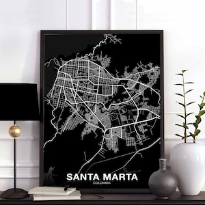 SANTA MARTA Colombia map poster black white Hometown City Print Modern Home Decor Office Decoration Wall Art Dorm Bedroom Gift