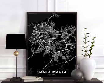 SANTA MARTA Colombia map poster black white Hometown City Print Modern Home Decor Office Decoration Wall Art Dorm Bedroom Gift