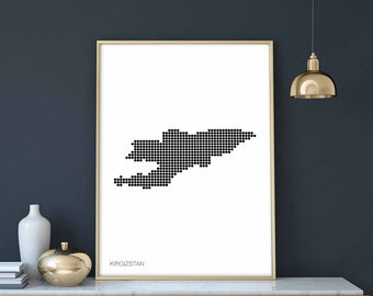 KIRGIZSTAN minimal dots retro map poster black white wall decor design modern swiss scandinavian nordic housewarming travel