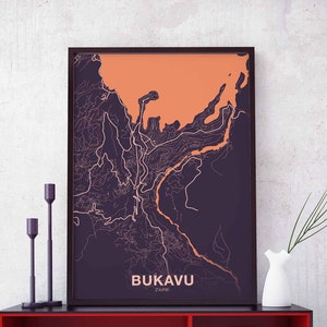 BUKAVU zaïre carte affiche couleur ville natale ville impression moderne décor à la maison bureau décoration mur art dortoir chambre cadeau