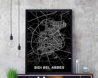 SIDI BEL ABBES Algeria map poster black white  Hometown City Print Modern Home Decor Office Decoration Wall Art Dorm Bedroom Gift