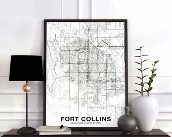 FORT COLLINS Colorado CO usa map poster black white Hometown City Print Modern Home Decor Office Decoration Wall Art Dorm Bedroom Gift