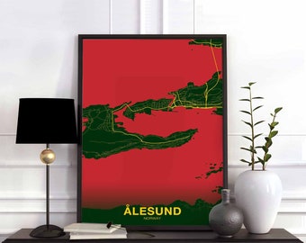 ALESUND Norway Norge map poster color Hometown City Print Modern Home Decor Office Decoration Wall Art Dorm Bedroom Gift
