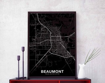 BEAUMONT Texas TX US map poster black white Hometown City Print Modern Home Decor Office Decoration Wall Art Dorm Bedroom Gift