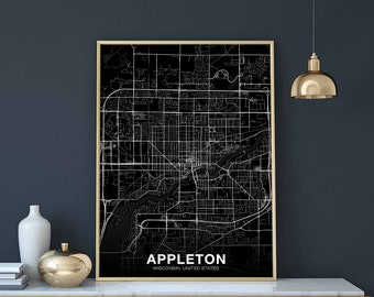 APPLETON Wisconsin WI US map poster black white Hometown City Print Modern Home Decor Office Decoration Wall Art Dorm Bedroom Gift