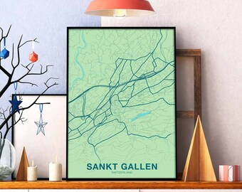 SANKT GALLEN Switzerland Schweiz Suisse map poster color Hometown City Print Modern Home Decor Office Decoration Wall Art Dorm Bedroom Gift