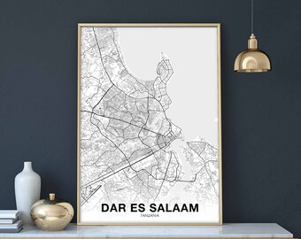 DAR ES SALAAM Tanzania map poster black white Hometown City Print Modern Home Decor Office Decoration Wall Art Dorm Bedroom Gift