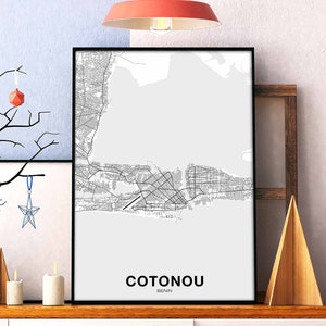 COTONOU Bénin carte affiche noir blanc ville natale ville impression moderne décor à la maison bureau décoration mur art dortoir chambre cadeau