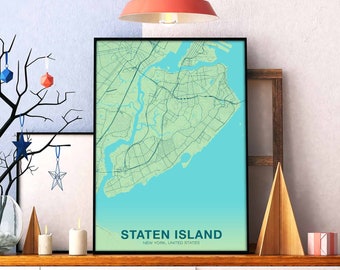 STATEN ISLAND  New York USA map poster color Hometown City Print Modern Home Decor Office Decoration Wall Art Dorm Bedroom Gift