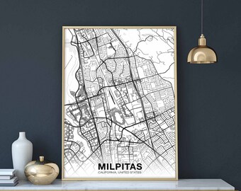 MILPITAS California CA US map poster black white Hometown City Print Modern Home Decor Office Decoration Wall Art Dorm Bedroom Gift