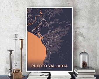 PUERTO VALLARTA Mexico map poster color Hometown City Print Modern Home Decor Office Decoration Wall Art Dorm Bedroom Gift art