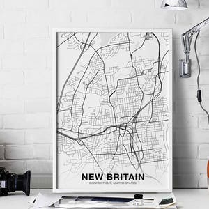 Póster de mapa de EE. UU. de NEW BRITAIN Connecticut CT en blanco y negro Impresión de ciudad natal Decoración moderna para el hogar Decoración de oficina Arte de pared Dormitorio Regalo